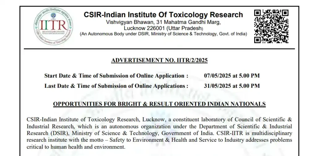 CSIR IITR Junior Stenographer Recruitment 2025