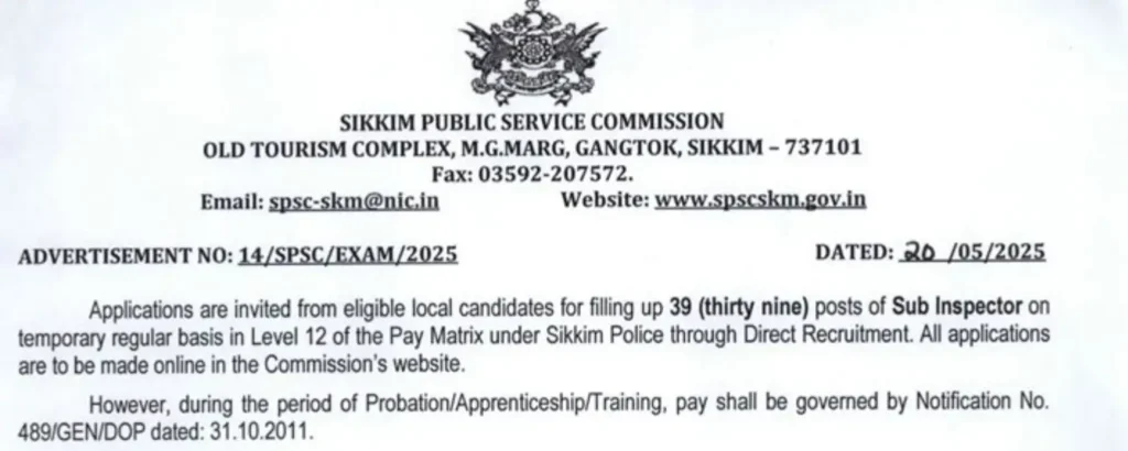 Sikkim Police SI Recruitment 2025