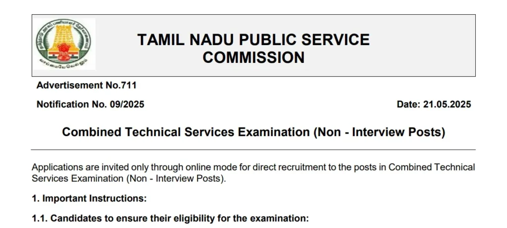 TNPSC Combined Technical Services Exam 2025