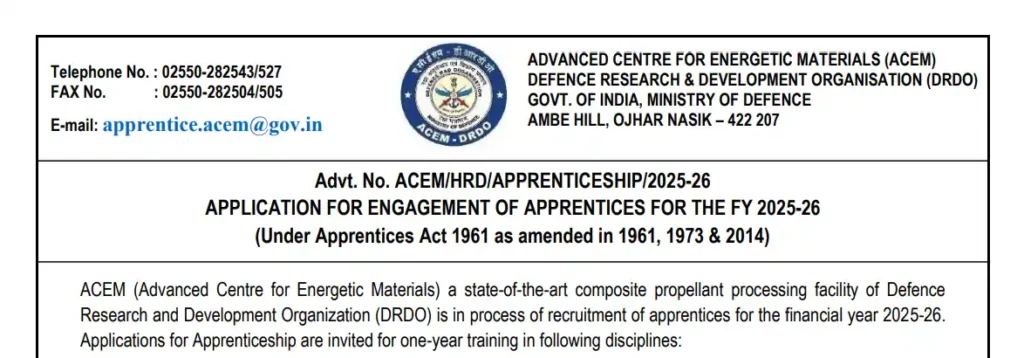 DRDO Apprentice Recruitment 2025-26