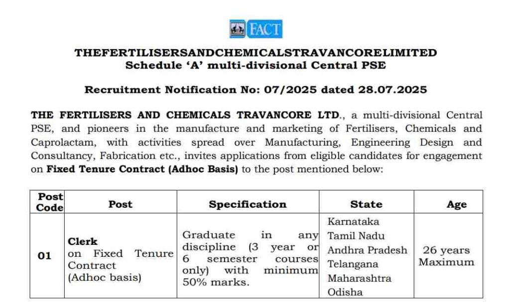 FACT Clerk Recruitment 2025