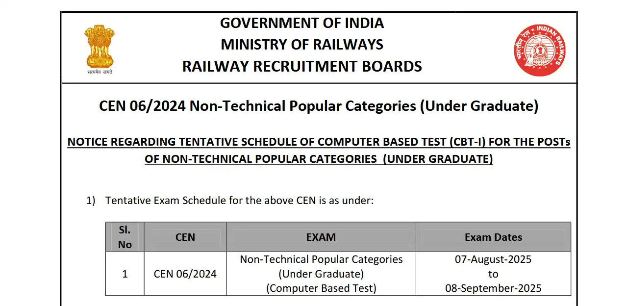 RRB NTPC 2025 Exam Date Out