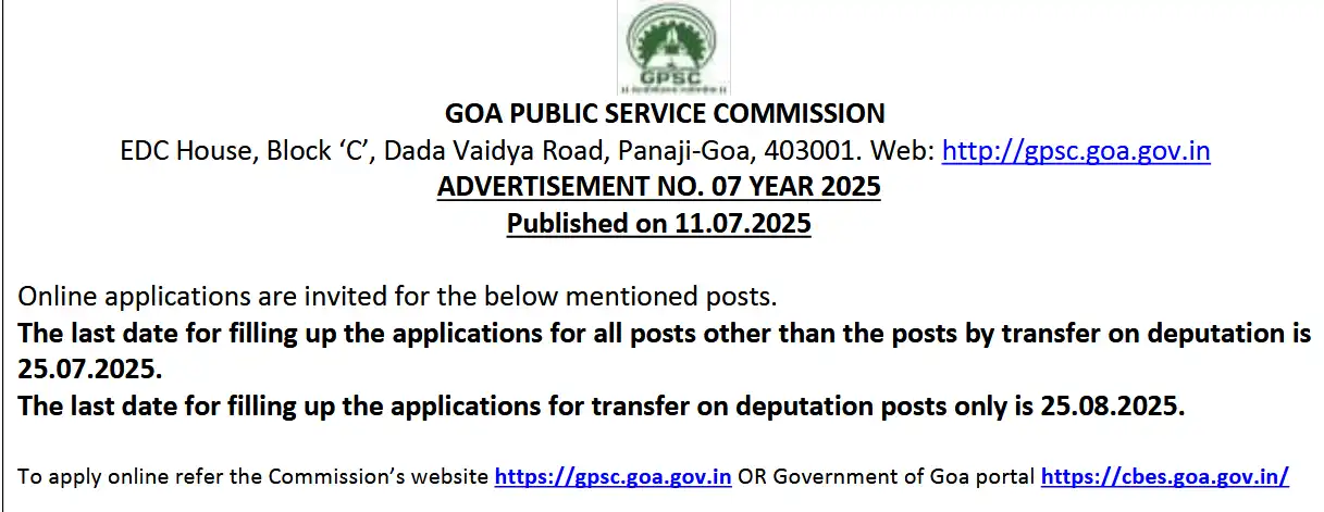 Goa GPSC Recruitment 2025.
