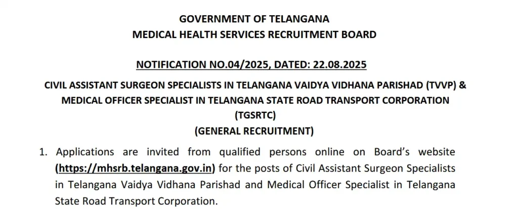 MHSRB Telangana Recruitment 2025