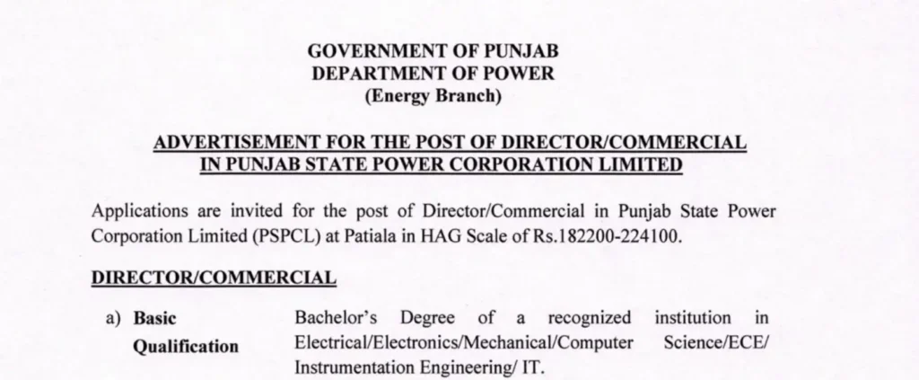 PSPCL Director Commercial Recruitment 2025 Image