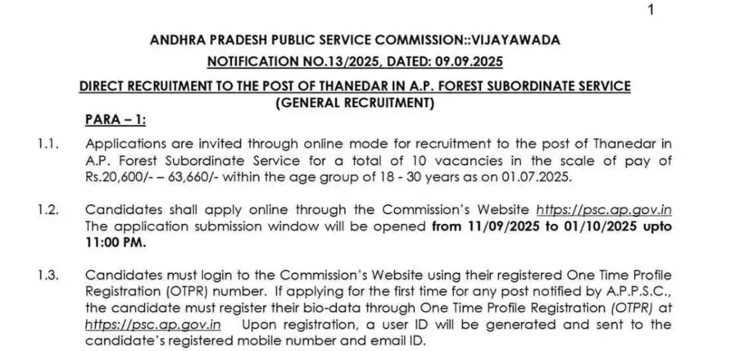 APPSC Thanedar Notification 2025 PDF Download – Apply Online for 10 Vacancies in Andhra Pradesh Forest Department
