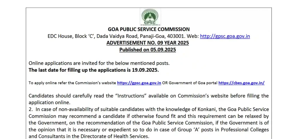Junior Scale Officer Goa Recruitment 2025 - GPSC notification banner
