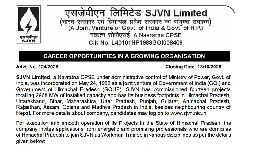 SJVN Recruitment 2025 Notification