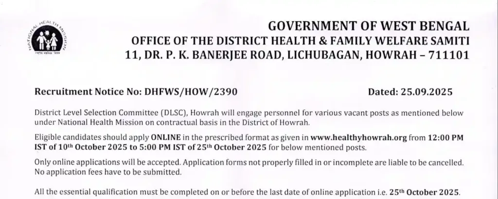 DHFWS Howrah Recruitment 2025 – Apply Online for 5 Posts! Salary & Dates