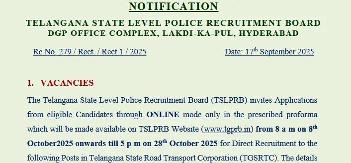 TSLPRB TGSRTC Vacancy 2025 – Apply Online