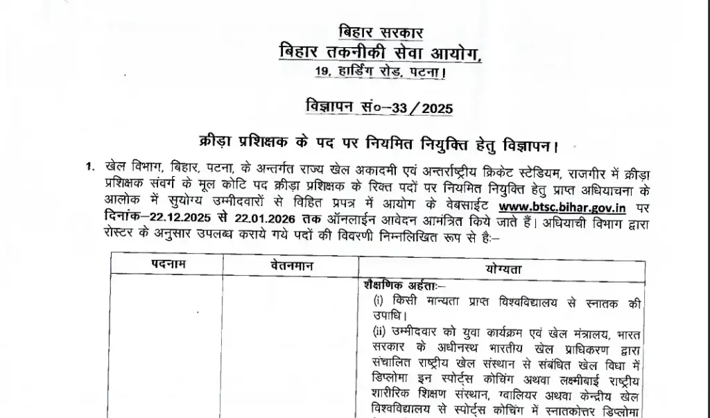 BTSC Sports Trainer Recruitment 2025 Notification Out! 48 Regular Posts. Graduate + Sports Diploma eligible. Don't miss the Last Date: 22 Jan.
