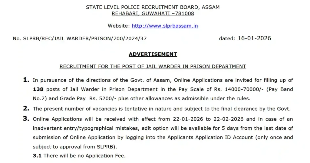 Assam Jail Warder Bharti 2026: 138 Posts – Apply by 22 Feb 2026 (SLPRB Assam)