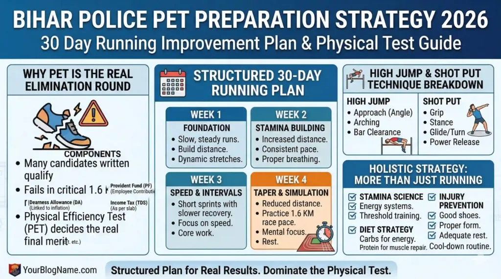 Agar aap Bihar Police Constable Operator 2026 ke candidate ho, to ek baat Bihar Police PET Preparation Strategy 2026 wale blog me seedhi baat samajh lo — PET hi real elimination round hai. Written qualify karna zaroori hai, lekin final race Physical Efficiency Test me hi lagti hai. Bahut candidates written clear kar lete hain, lekin 1.6 KM running me out ho jate hain.